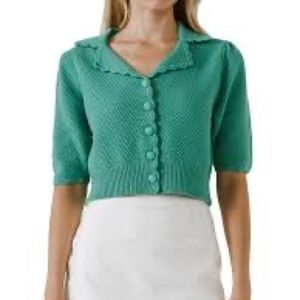 English Factory Scallop Edge Short Sleeve Cropped Cardigan in Jade - NWOT -Small